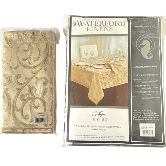 Waterford Linens Anya Tablecloth 90” Round + 4 Napkins Set Polyester Gold Design - Picture 4 of 8
